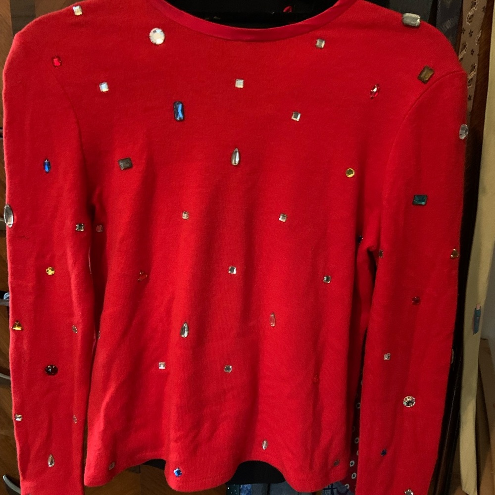 Vintage Red Sweater bedazzled with gemstones. One of a kind piece.